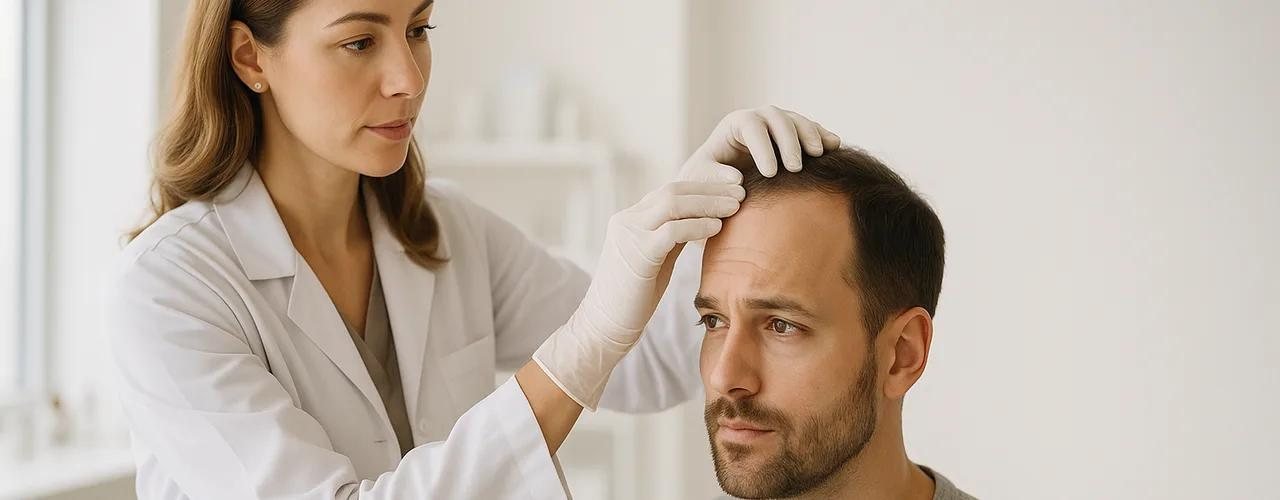 Doctor examining a patient's receding hairline during a hair transplant consultation