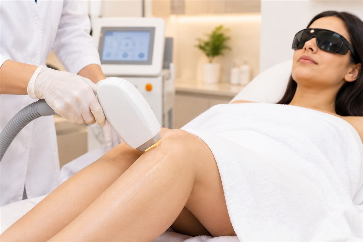Laser hair reduction session on the legs at a dermatology clinic in Delhi