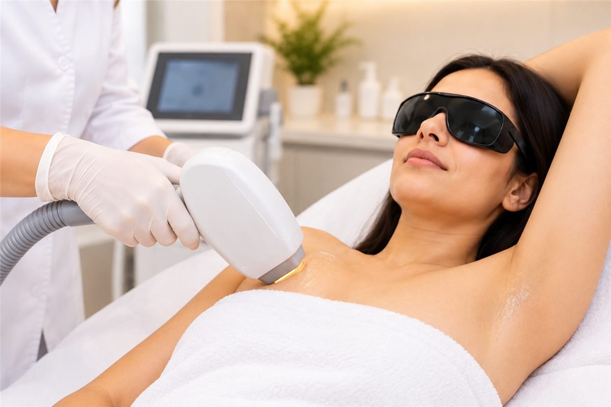 Underarm laser hair reduction with protective eyewear